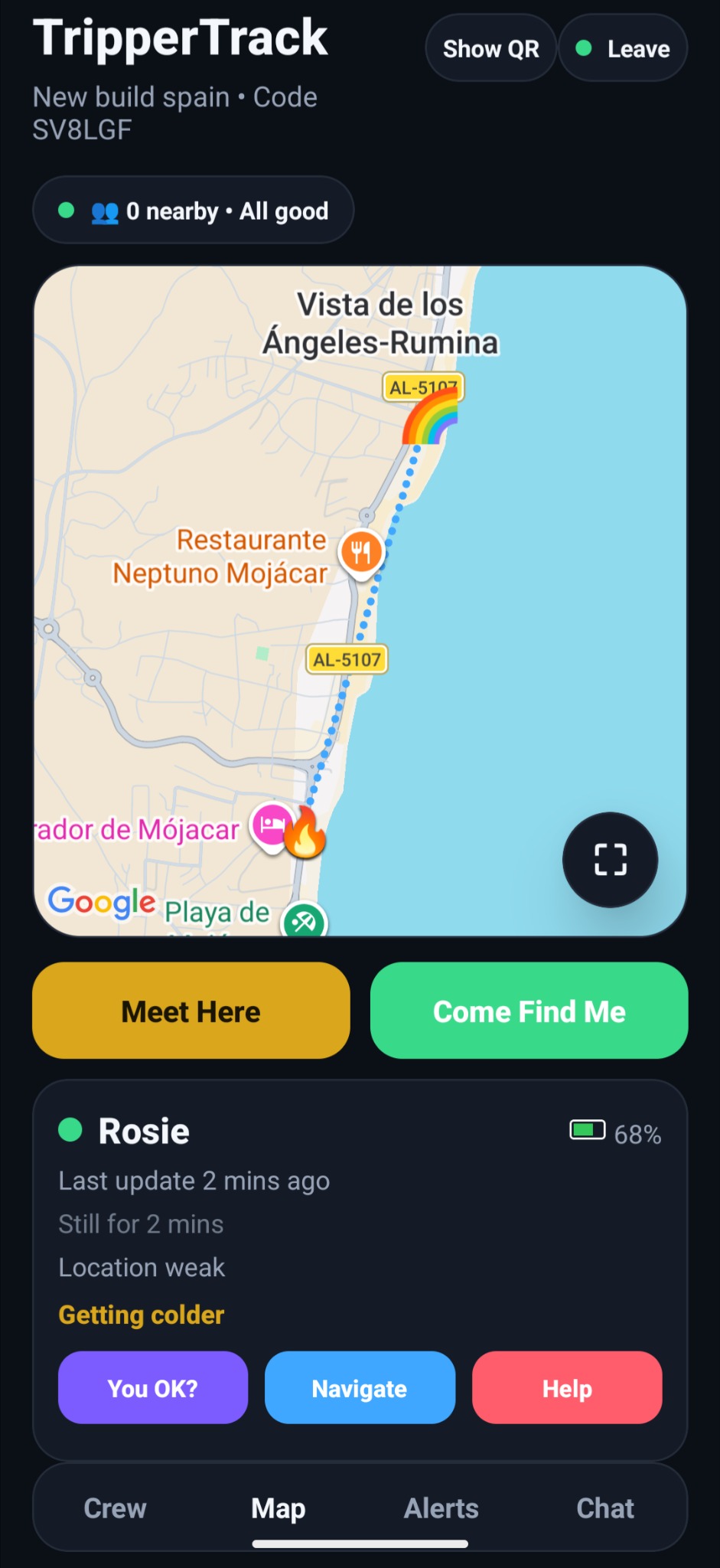 TripperTrack live map showing crew navigation in Mojacar