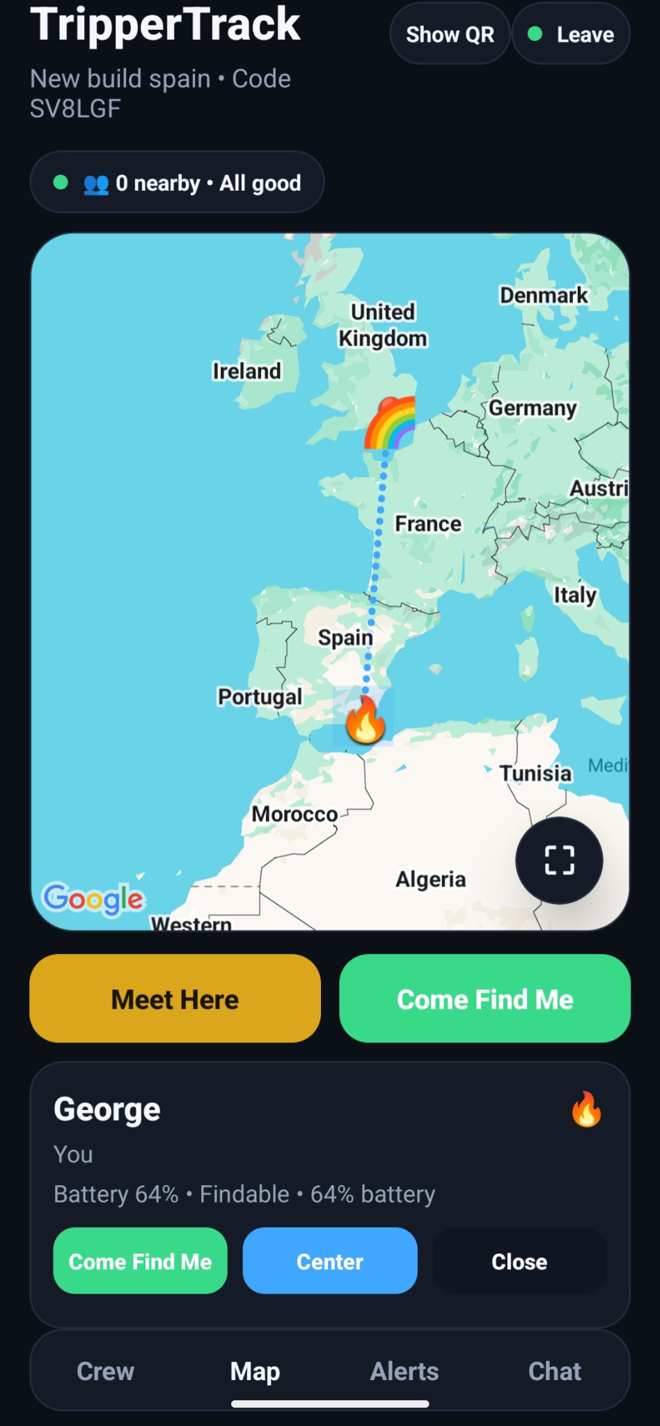 TripperTrack showing live tracking between the UK and Spain